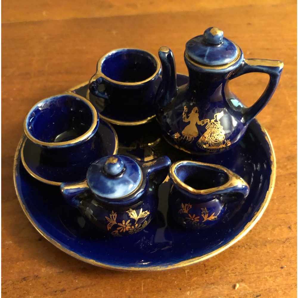 Vintage Minature Blue and Gold Tea Set Limoges Style Made in Taiwan